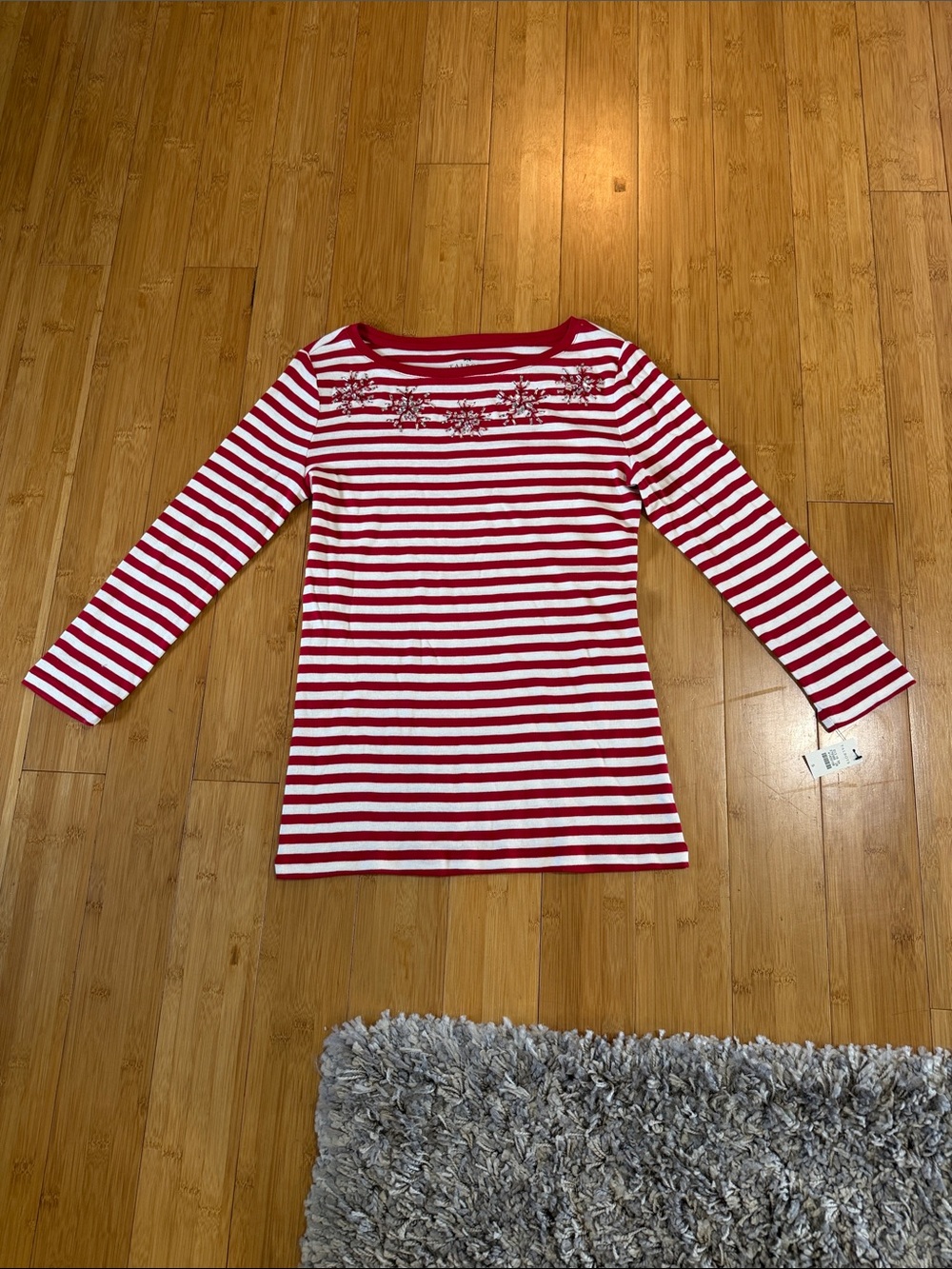Talbots NWT Red and White Striped Long-Sleeve Boatneck Top Snowflake Rhinestones